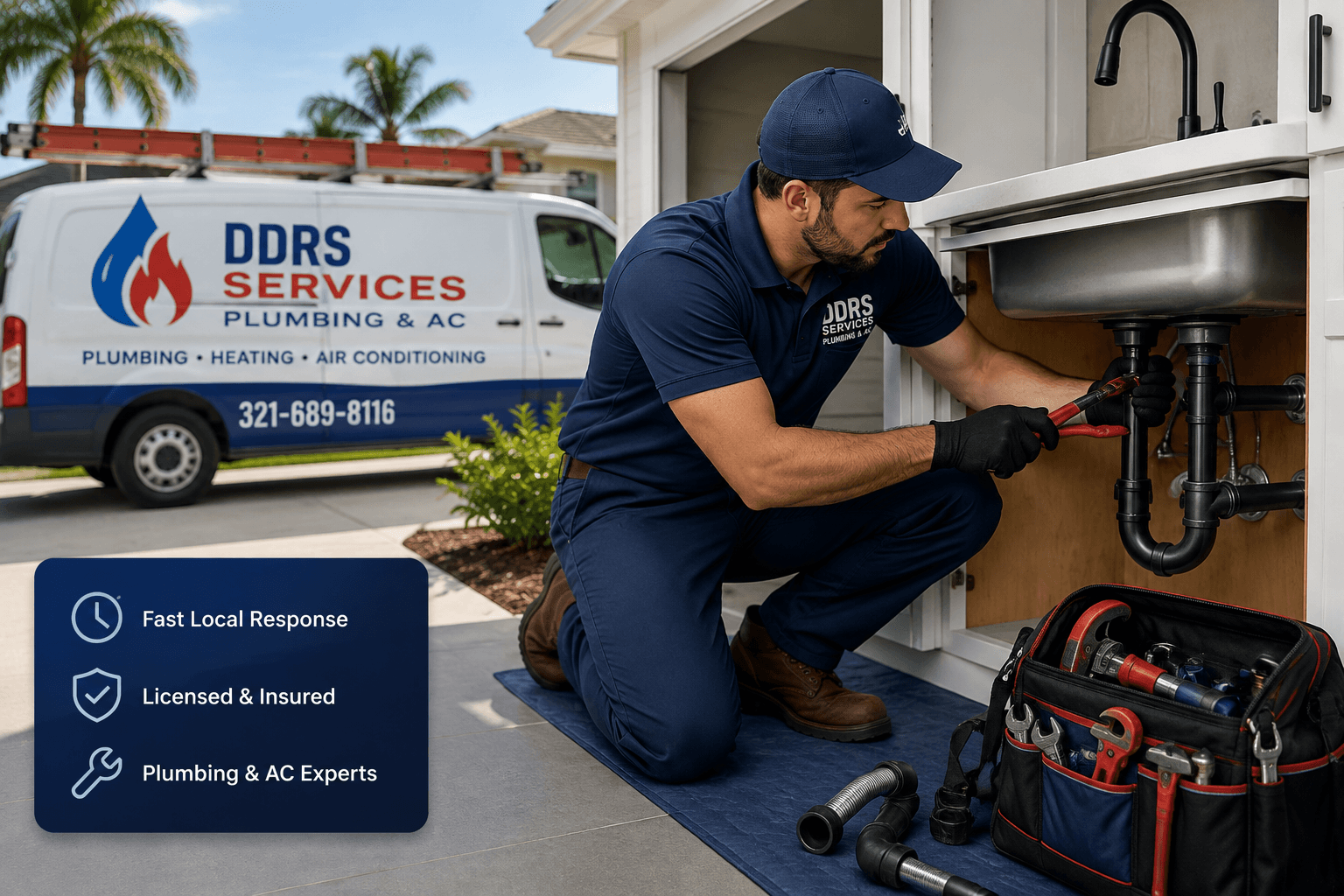 DDRS Services technician repairing a kitchen sink, with a branded service van parked outside